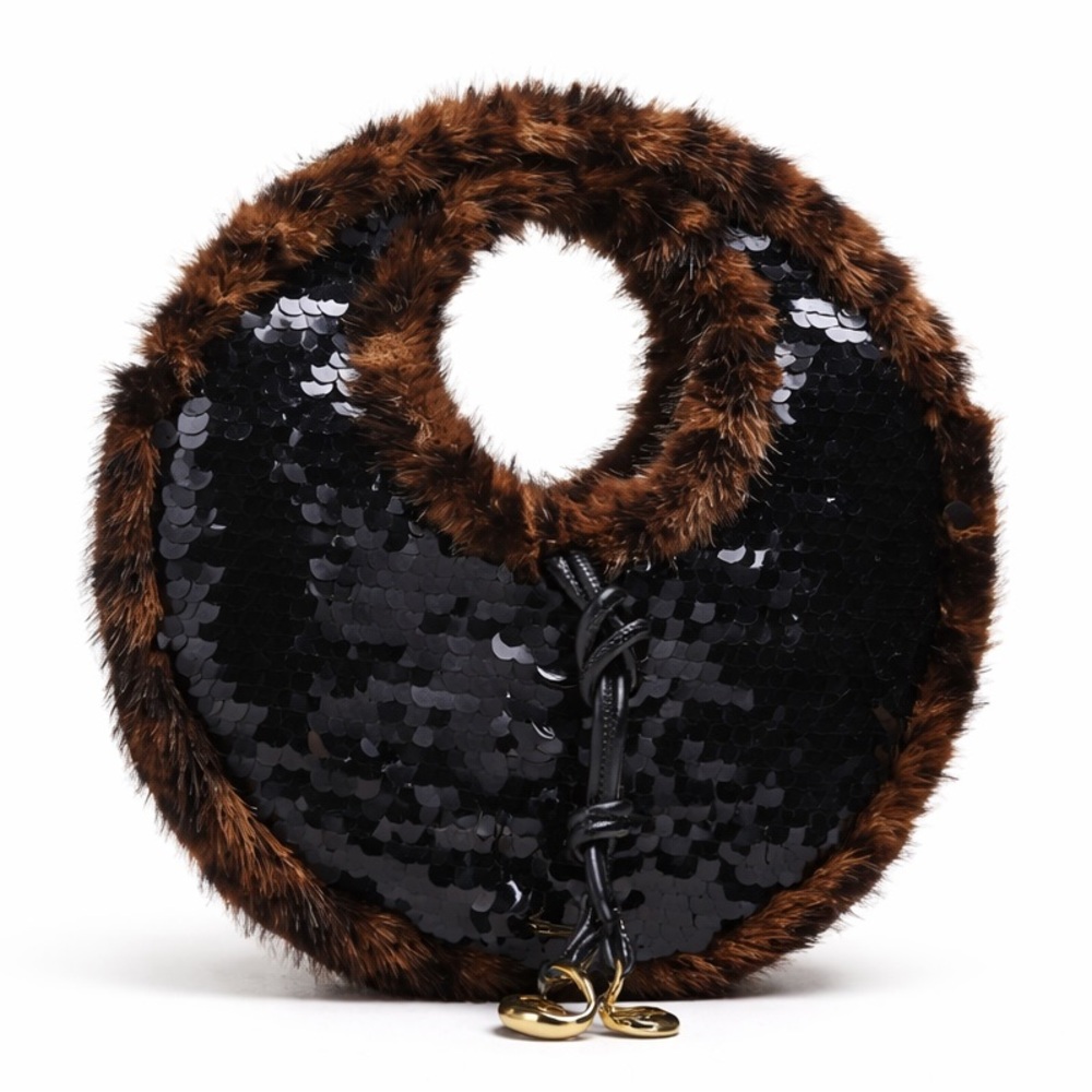 Anthropologie Dolce Vita Felipa Black Sequined Faux Fur Satchel, Handbag